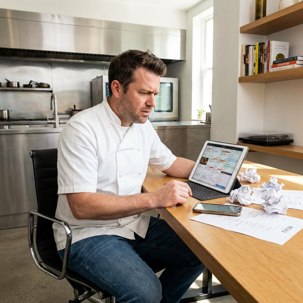 Chef analizando menú digital en tablet