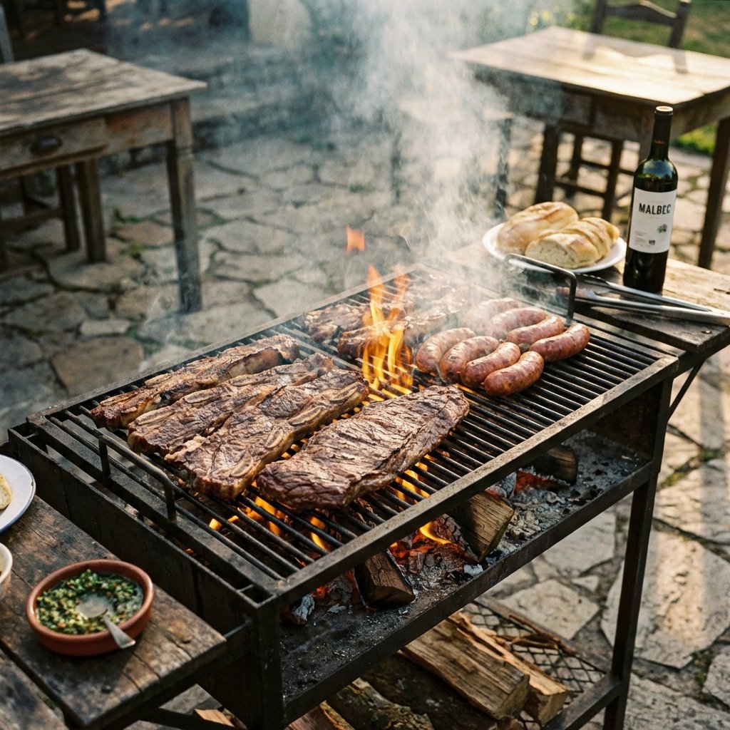 Asado argentino tradicional en parrilla con cortes de carne y fuego