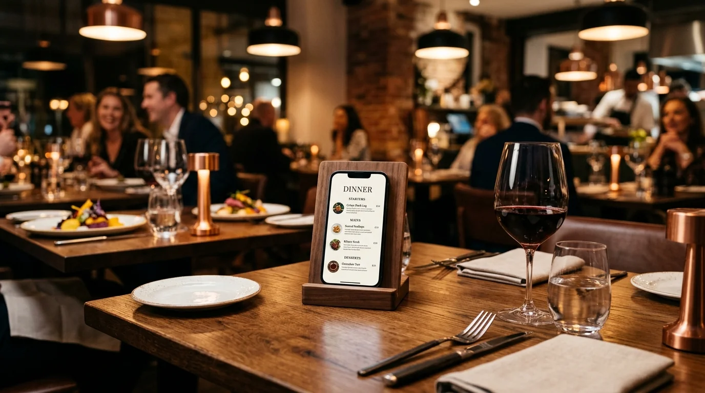 Mesa de restaurante contemporáneo con carta digital en soporte de madera, copas de vino y platos gourmet