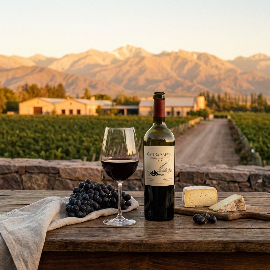 Copa de vino Malbec argentino con viñedos y montañas de Mendoza de fondo