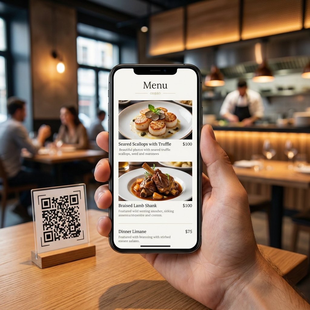Menú digital en smartphone con código QR en restaurante