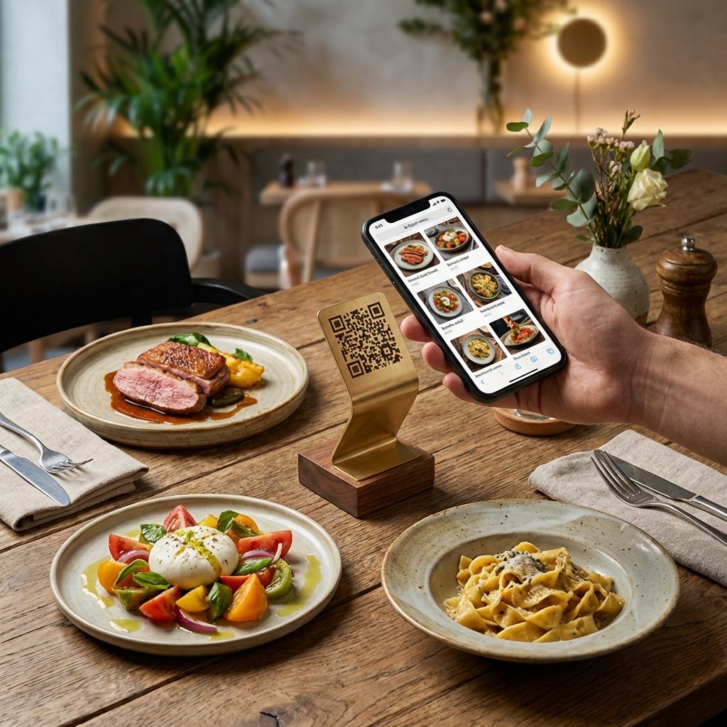 Mesa de restaurante con código QR y smartphone mostrando menú digital