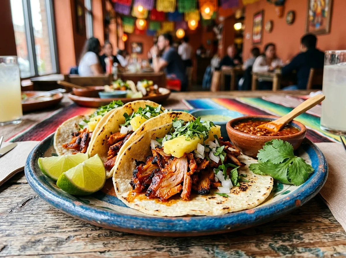 Tacos al pastor con piña y cilantro en menú digital mexicano